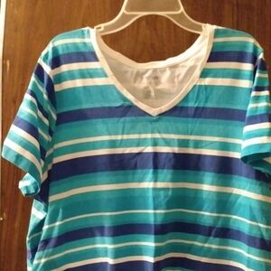 Avenue Top Short Sleeve, 22/24,Aqua Blue strip V-Neck, 95%cotton 5% spandex,